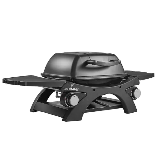 LEHMANN Gasgrill, Tragbarer Tischgasgrill mit 2 Brennern und Thermometer