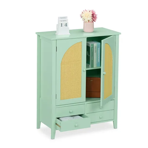 Retro Sideboard Anrichte Beistellschrank Rattan - Stylisches Retro Sideboard mit 4 Schubladen, ideal für Wohnzimmer, Küche oder Flur. Das Türkis bringt Farbe in Ihr Zuhause und bietet mit 70 kg Tragkraft viel Stauraum.