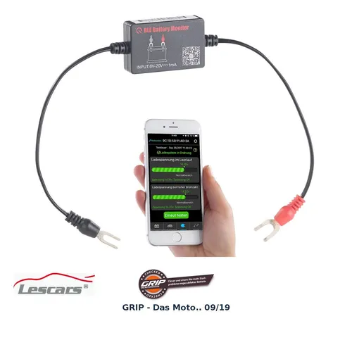 Lescars Batteriewächter Auto - Motorrad-Headsets mit Bluetooth zur kabellosen Überwachung Ihrer 12V-Batterie. Warnt bei niedriger Spannung und bietet eine grafische Auswertung der Batteriedaten über die kostenlose App.