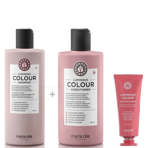 Maria Nila Luminous Colour Set + Booster Masque - Haarmaske für strahlende Farben, bietet intensive Pflege und schützt die Haarstruktur, ideal für coloriertes Haar.