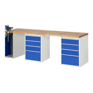 Rau Werkbank 7510A9 - Standardwerkbank mit belastbarer Buche-Massiv-Arbeitsplatte und 8 Schubladen, ideal für ergonomisches Arbeiten dank höhenverstellbarem Schraubstock und robustem Design.