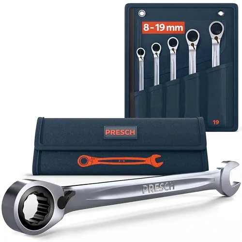 PRESCH Ratschenschlüssel Set 5tlg. umschaltbar (8, 10, 13, 17, 19mm) inkl. Tasche - Minimaler Rückholwinkel (4°, 90 Zähne) - Robuste, präzisionsgefertigte Ringratschenschlüssel