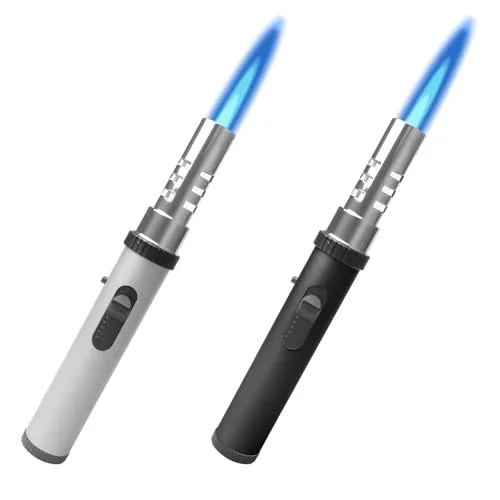 Stück Jetflamme Feuerzeug Gas Nachfüllbar: Stabfeuerzeug Metall Winddicht mit Sicherheitssperre & Einstellbarer Flamme, Sturmfeuerzeug für Küche, Grill, Kerzen, Camping, ohne Gas (Schwarz/Silber) 2