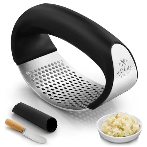 Zulay Kitchen Knoblauchpresse Wippe aus Edelstahl, Premium Knoblauchpresse mit Schäler und Schaber
