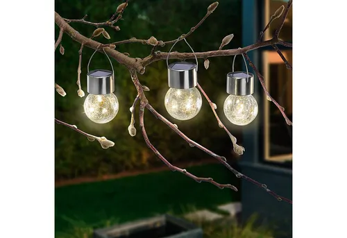 esotec Hängeleuchten 3er Set Solarleuchten Crackle Ball, hängend+stehend, warmweiß 102309