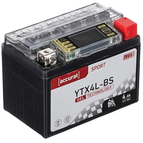 Accurat Motorradbatterie YTX4L-BS, Gel, 12V 4Ah, LCD-Anzeige, wartungsfrei | geeignet für Roller, Moped, Mofa, zyklenfest, rüttelfest, Starterbatterie, Erstausrüsterqualität, vorgeladen