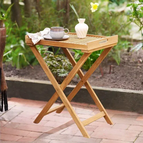 Klappbarer Teak Tablett-Tisch FLEX 70cm – Praktischer Beistelltisch für jeden Outdoor-Bereich - FLEX Klapptisch aus massivem Teakholz – ideal für Balkon, Terrasse und Garten. Platzsparend, vielseitig einsetzbar und mit natürlicher Holzoptik. Perfekt für Getränke, Snacks oder Deko!