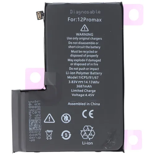 Akku für Apple iPhone 12 Pro Max – Li-Polymer, 3687mAh, diagnostizierbar - Hochwertiger Li-Polymer Akku für Apple iPhone 12 Pro Max mit 3687mAh und 3,83V. Ideal für den täglichen Einsatz, mit integriertem Kurzschluss- und Überladungsschutz. Einfach zu installieren, kein Werkzeug erforderlich!