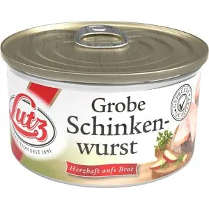 Lutz Wurstkonserve Grobe Schinkenwurst, 125 g - Fleischkonserve mit 83% Schweinefleisch und Senfkörnern, ideal für Brotbelag oder als Snack, praktische Dose mit Ring-Pull-Verschluss.