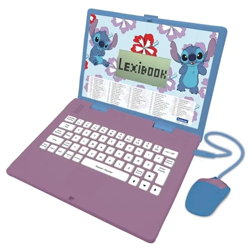 LEXIBOOK, Disney Stitch JC598Di2 Lerncomputer zweisprachig in Englisch/Spanisch, 124 Aktivitäten in Sprache, Schreiben, Mathematik, Logik, Musik und Spiele für Jungen und Mädchen