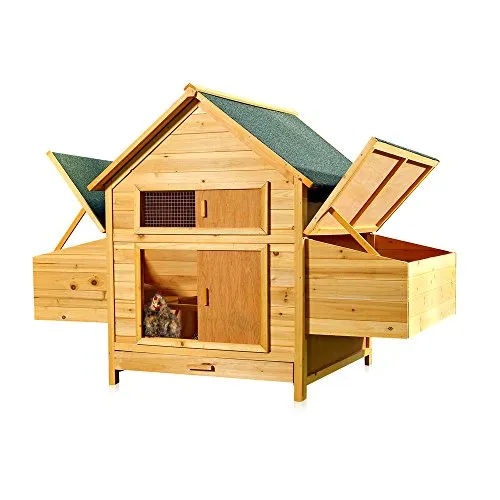 Melko Hühnerstall für 4 Hühner – Hochwertiger Holz Hühnerkäfig mit 2 Eiablagen - Geflügelstall aus robustem Holz mit wetterfestem Dach, ideal für 4 Hühner. Praktische Nestbox mit Deckelhalterung und einfache Reinigung durch herausziehbare Kotwanne.