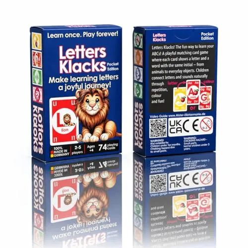 Alster- und ElbHarmonie Letters Klacks Pocket Edition, Englisches Alphabet Kartenspiel für Kinder ab 4 Jahren, Mau-Mau Lernspiel, 74 Spielkarten, Made in Germany