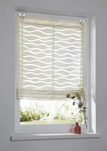 Raffrollo Enya Natur mit Ösen – Halbtransparentes Wellen-Design - Dekoratives Raffrollo aus 65% Baumwolle und 35% Polyester, pflegeleicht und waschbar. Flexibel einstellbare Höhe und modernes Wellenmuster bieten leichten Sichtschutz und eleganten Look.