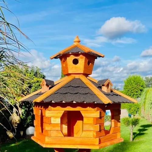 DARLUX handgefertigtes Sechseck Vogelhaus aus Holz wetterfest M - XXL mit und ohne Ständer, Futterhaus, Futterhäuschen (Größe XXL ohne Ständer, Schwarz - Braun)