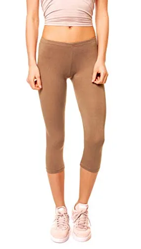 Easy Young Fashion - Damen Basic Capri Leggings - elastische 3/4 Baumwoll Viskose Stretch Hose 1077 - OneSize (Hellbraun)