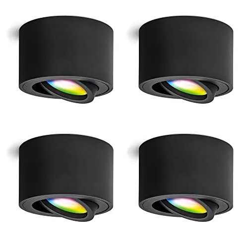 linovum 4er Set SMOL Aufputz Deckenlampe - Smart RGB LED mit Alexa & Google Kompatibilität - 4 smarte Deckenlichter in matt schwarz, schwenkbar und ohne Hub nutzbar. Steuern Sie Licht per App oder Sprache. Ideal für Wohnzimmer oder Flur mit 16 Millionen Farbkombinationen.