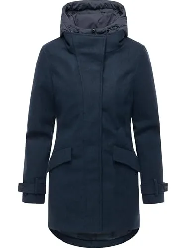 Ragwear Damen Winterjacke Petuja Felt Trenchcoat mit Kapuze in Navy – Gr. XXL - Elegante Winterjacke in Wollmantel-Optik, ideal für stilvolle Looks. Wetterfest und atmungsaktiv, bietet sie hohen Tragekomfort bei Wind und Nässe. Taillierter Schnitt und praktische Details machen sie zur perfekten Wahl für kalte Tage.