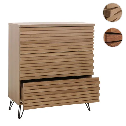 Kommode HWC-M49 - Hochwertiges Highboard im 3D-Design - Moderne Kommode für das Wohnzimmer mit 3 stabilen Schubladen, wählbarer Farboption in Walnuss-Optik, aus robustem MDF und Metall gefertigt.
