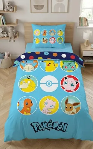 Bettwäsche für Kinder, Pokemon – Bettbezug 140 x 200 cm + Kissenbezug – offizielles Lizenzprodukt – 100 % Polyester – Einzelbett für Jungen