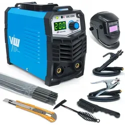 VECTOR WELDING Elektrodenschweißgerät SET, MMA Elektrode 200A - Schweißzubehör mit Hotstart-Funktion für sichere Zündung und präzises Schweißen. Ideal für Außeneinsätze dank kompaktem Design und leichtem Gewicht.