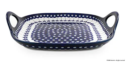 Original Bunzlauer Keramik Servierplatte eckig mit zwei Henkel im Dekor 166a