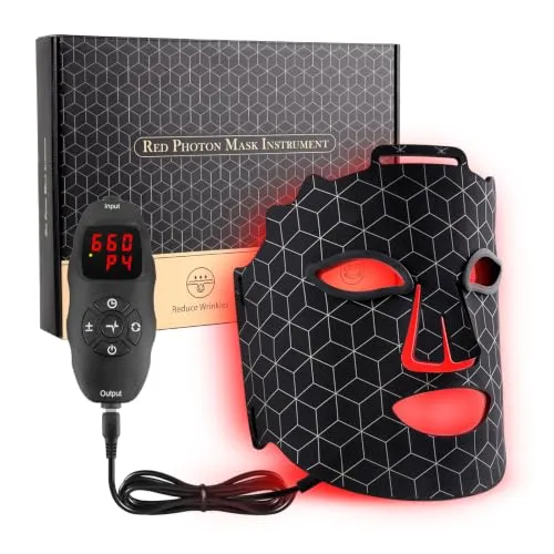 Rotlichttherapie-LED-Gesichtsmaske mit 7 Farben und drei Intensitäten, Infrarot-Lichtmaske mit 5 Helligkeiten und Timer, tragbare Rotlichtmaske für Reisen und Zuhause