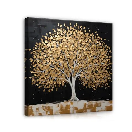 WallArena - Leinwand Bilder - Baum Gold Schwarz Abstrakt Industria - 40x40 cm Leinwandbilder - Bild auf leinwand - Wandbild XXL groß Wandbilder für Wohnzimmer Schlafzimmer Wohnzimmerbilder Modern
