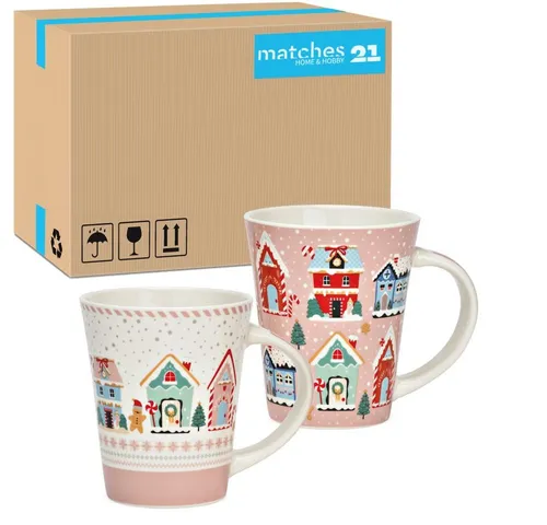 matches21 HOME & HOBBY Tasse Weihnachtsdorf Weihnachts-Tassen 36er Set rosa bunt Ø 9 cm, 350 ml, 36-tlg., Porzellan, Spülmaschinenfeste Kaffeetassen Kaffee-Becher als Glühweintassen