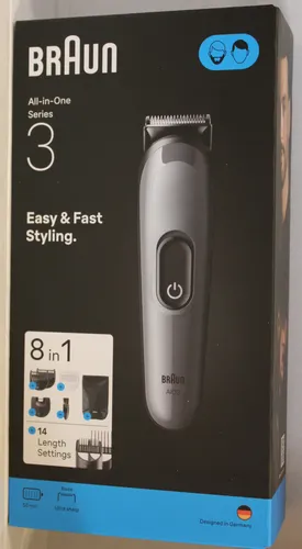 Braun Series 3 AIO3540 - Elektrischer Rasierer mit Detail-Kammaufsatz, 14 Längeneinstellungen und 50 Minuten Akkulaufzeit für präzises Trimmen von Bart, Kopf- und Körperhaar.