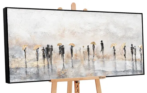 YS-Art Gemälde Sommerregen, Leinwand Bild Handgemalt Menschen Regenschirm Gold mit Rahmen