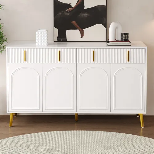Merax Sideboard mit 4 Türen und 4 Schubladen – Elegantes Möbelstück für Ihr Zuhause - Das Merax Sideboard bietet vielseitigen Stauraum mit 4 Schubladen und 4 Türen. Verstellbare Einlegeböden ermöglichen flexible Aufbewahrung. Die goldenen Beine und Griffe setzen stilvolle Akzente und werten Ihr Wohnzimmer oder Schlafzimmer auf.
