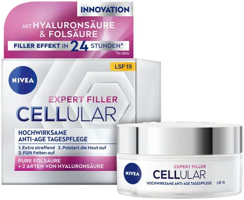 NIVEA Cellular Expert Filler Anti-Age Tagespflege mit LSF 15 - Tagespflege mit Auffüllungseffekt, strafft und polstert die Haut auf, ideal für alle Hauttypen, auch sensible Haut, mit Hyaluronsäure und UV-Schutz.
