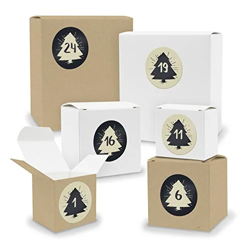 DIY itenga AdventskalenderSet V03 zum Selberbefüllen 24x Quader Würfel gemischt WEISS/BRAUN (Kraftkarton) + Sticker (Motiv Z19 Tannenbaum beige grau)