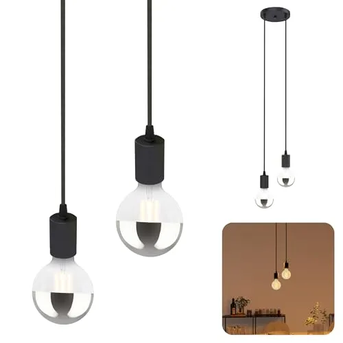 SSC-LUXon PARU Pendelleuchte Vintage 2-flammig schwarz - Design Hängelampe mit Textilkabeln inkl. 2x E27 Kopfspiegel LED Lampen