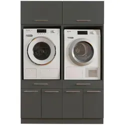 Laundreezy 2X Waschmaschinenschrank mit 2X Schrankaufsatz - TÜV-Zertifiziert - Podeste & Rahmen für Waschmaschinen, bietet viel Stauraum mit Softclose-Türen und praktischem Auszug für eine optimale Organisation in Ihrem Zuhause.