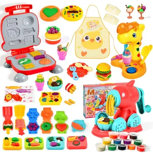 WUSUPU Knete Dough Set für Kinder,Knete Set für Kinder,Kitchen Creations Nudelmaschine Spielset Burger Eiscreme,Knete Zubehör Kinder mit 12 Dosen Knete,Spielzeug Geschenk Mädchen & Junge 2-10 jahre