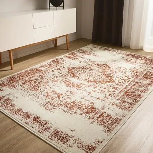 benuta Vintage-Teppich, Creme & Orange, 60x120 cm - Teppiche & Böden, Vintage-Teppich, pflegeleicht und Oeko-Tex® zertifiziert, ideal für gemütliche Wohnräume und Fußbodenheizung geeignet.