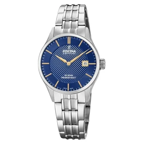 Festina F20006/3 Damen Uhr - Swiss Made, Silber Edelstahl - Elegante Armbanduhr für Damen mit Swiss Made Qualität, edlem Edelstahl-Gehäuse und blauem Zifferblatt. Ideal für stilbewusste Frauen, wasserdicht bis 10 bar.