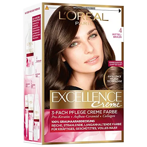 L'Oréal Paris Excellence Crème 4 Mittelbraun - Permanente Haarfarbe - Haarfärbeset mit 100% Grauhaarabdeckung und 3-Fach Pflege für langanhaltende, glänzende Farbe. Ideal für alle Haartypen und bietet intensive Pflege durch Pro-Keratin und Aufbau-Ceramid.