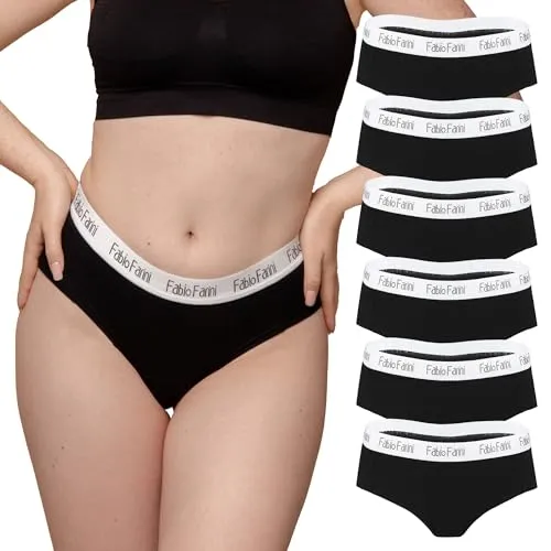 Fabio Farini - Damen Pantys 6er Pack Frauen Hipster Panties Set aus Baumwolle, mit weiß abgesetztem Bund Schwarz L