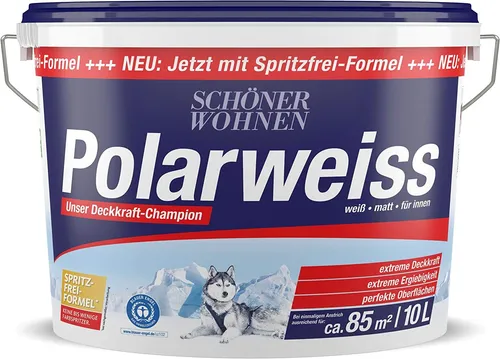 Schöner Wohnen 10 Liter Innenfarbe Polarweiss - Farben mit extremer Deckkraft und hoher Ergiebigkeit, ideal für perfekte Oberflächen. Ergiebigkeit: ca. 110-150 ml/m².