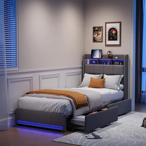 Gepolstertes Bett 90x200 mit LED-Beleuchtung, Lattenrost und 2 USB-Anschlüssen (Typ C), Doppelbett mit 2 Schubladen, für Jugendliche, Leinen, Grau