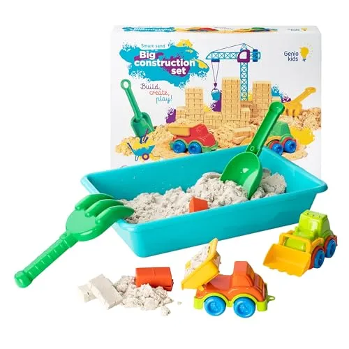 Genio Kids Magic Sand Baustellenfahrzeuge Kinder Set 1 kg Zaubersand mit Sandspielzeug Fahrzeuge, Sandkasten und Sandknete Werkzeuge, Sandspiel Knetsand für kinder ab 3, Mädchen und Jungen