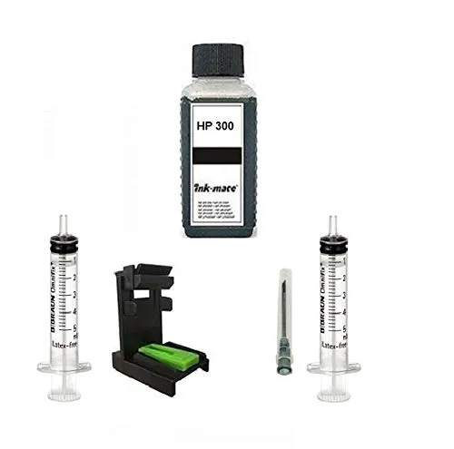Nachfüllset Black für HP 300, 300 XL Schwarz Tintenpatronen - 100 ml Refill-Tinte Black, mit Adapter, Zubehör, Befüll-Anleitung