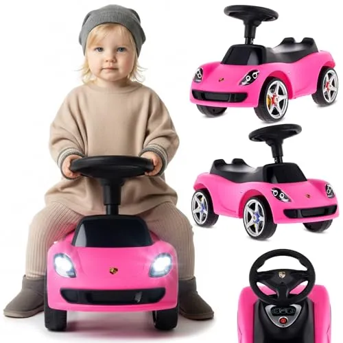 sun baby Rutschauto ab 18 Monaten – Porsche Carrera GT – Lenkrad mit Knöpfen, Scheinwerfer, realistische Aufkleber, bis 30 kg, Rosa