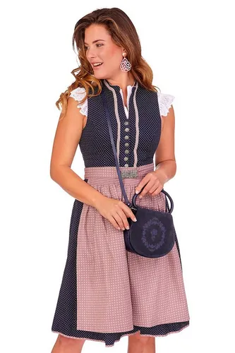 MarJo Dirndl Retro Dirndl 2tlg. - ESMERALDA - marine/altrosa - Hübsches Midi Dirndl im Retro-Stil aus 100% Baumwolle mit süßem Pünktchen-Print. Ideal für festliche Anlässe, mit Eingrifftaschen und schicker Schürze. Perfekt für ein stilvolles Auftreten!