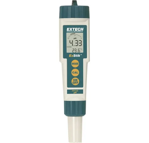 Extech pH-Messgerät PH100 - Robustes pH-Messgerät für präzise Werte - Werkstatt Messgeräte: Wasserdichtes (IP57) pH-Messgerät mit wechselbarer Elektrode, ideal für niedrige Flüssigkeitsstände und Oberflächenmessungen.