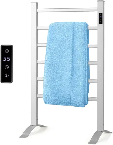 Elektrischer Handtuchwärmer 100W mit Timer und LED - Praktischer Handtuchhalter aus Aluminium für das Badezimmer. Mit Timer und energiesparender LED-Beleuchtung, ideal für eine angenehme Wärme Ihrer Handtücher. Maße: 35x54x91 cm, Wand- oder freistehend montierbar.