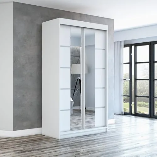 Schwebetürenschrank ERA 120 cm mit Spiegel - Moderne Schwebetürenschrank in Weiß, 120 cm breit, mit hochwertigem Schiebetürsystem für platzsparende Nutzung und einfache Handhabung.