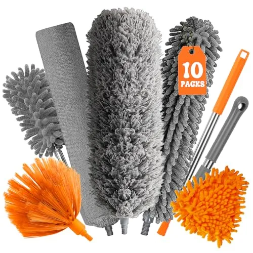 GIBOHOM 10 Stück Staubwedel Teleskop, Waschbar Staubwedel Lang Ausziehbar bis 255 cm, Spinnenwebenentferner mit Teleskopstiel und Haken, Staubwischer Mikrofaser für Lücken, Decken, Spinnweben